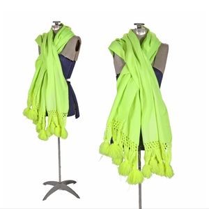 1970s  Neon Green Shoulder Wrap Pom Pom Shawl